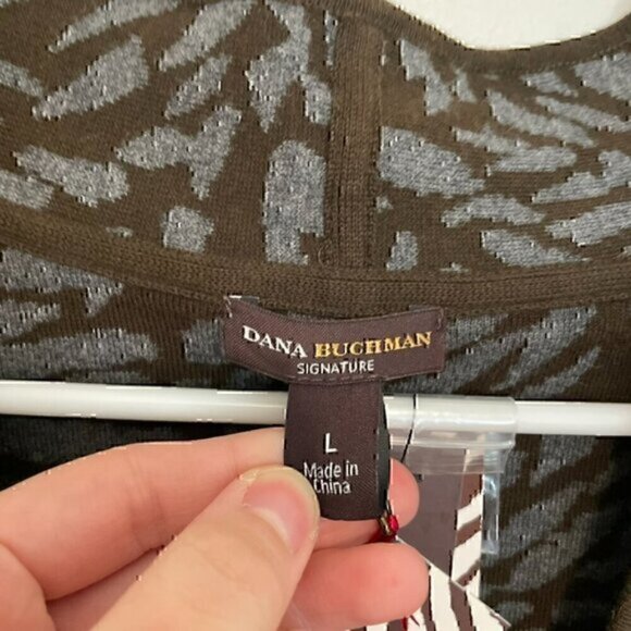 NEW NWT DANA BUCHMAN Dark Brown Gray Zebra Animal Collared V-Neck Cotton Sweater - Picture 4 of 12